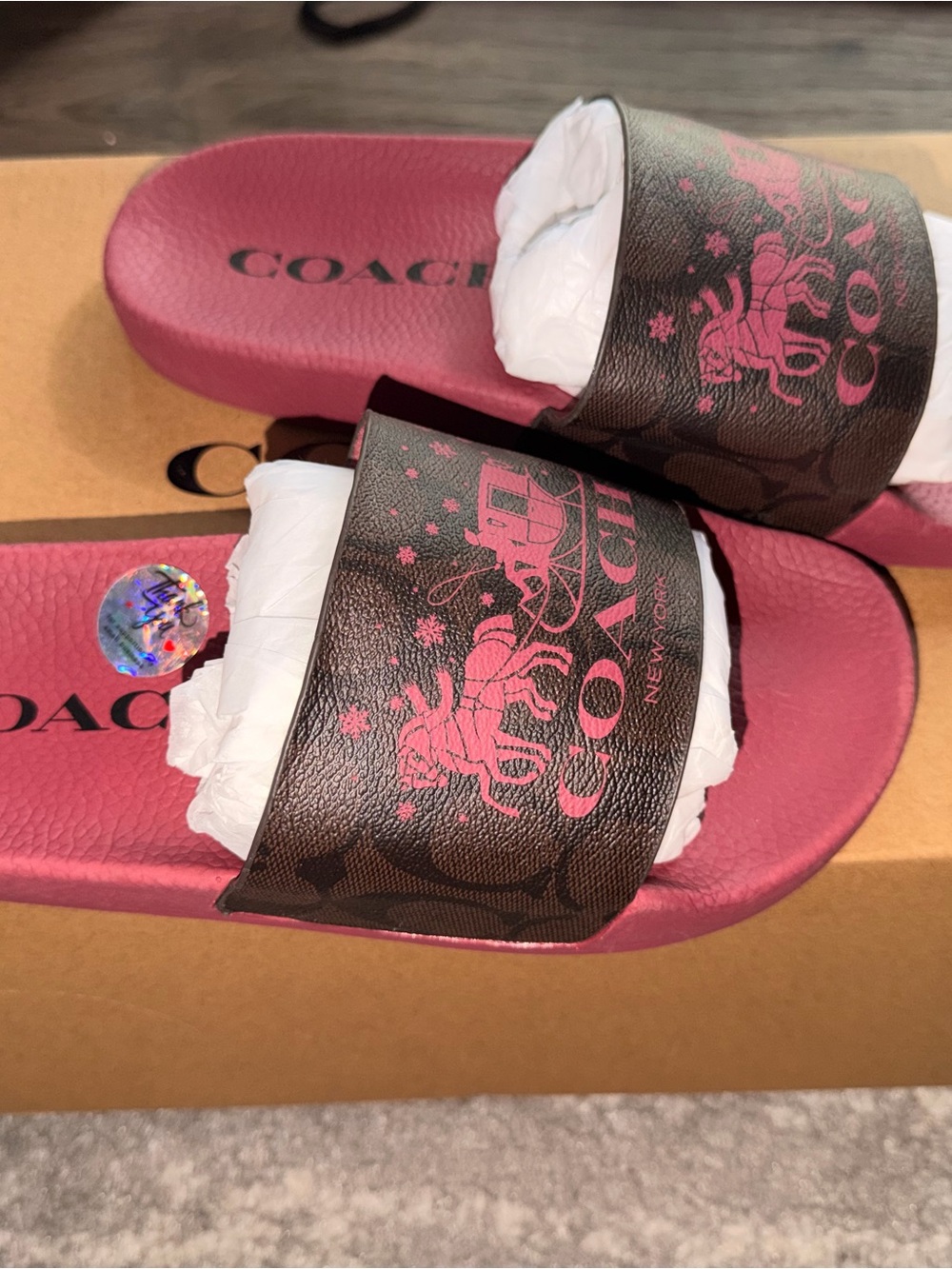Coach Girls' Pink Footbed Brown Signature Slide Sandals